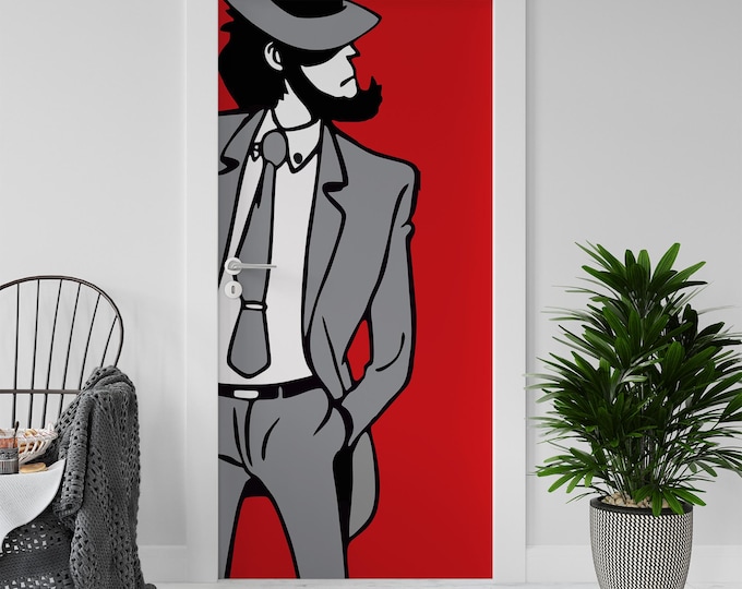 Sticker Decal for Door, Window, Fridge, Jigen Lupin Red Reproduction, Peel and Stick PVC