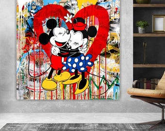 Graffiti Mickey in Love Banksy style, Art Reproduction Canvas Print: Pop Art