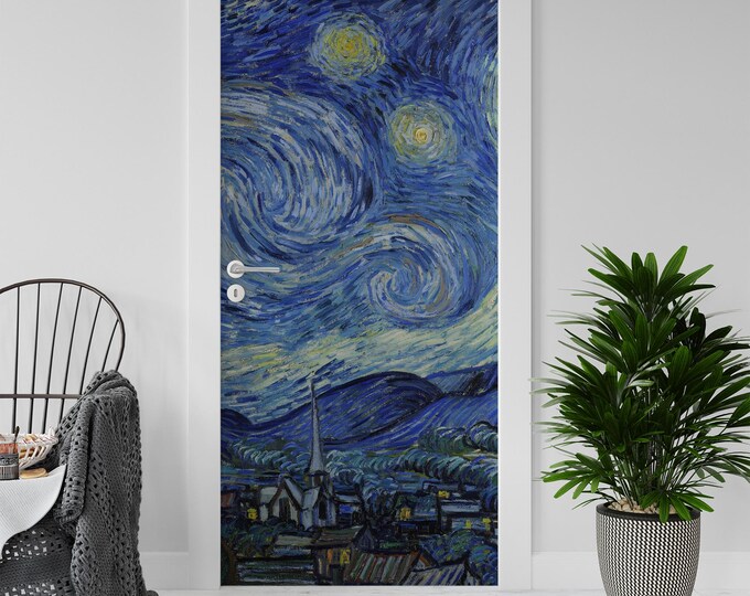 Sticker Decal for Door, Fridge, Van Gogh Starry Night Reproduction, Peel and Stick PVC