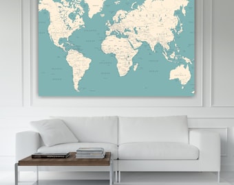 World Map Canvas Print: light blue background, Art Deco Reproduction, Ready to hang