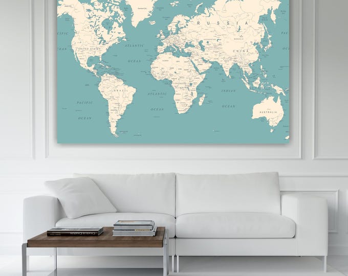 World Map Canvas Print: light blue background, Art Deco Reproduction, Ready to hang