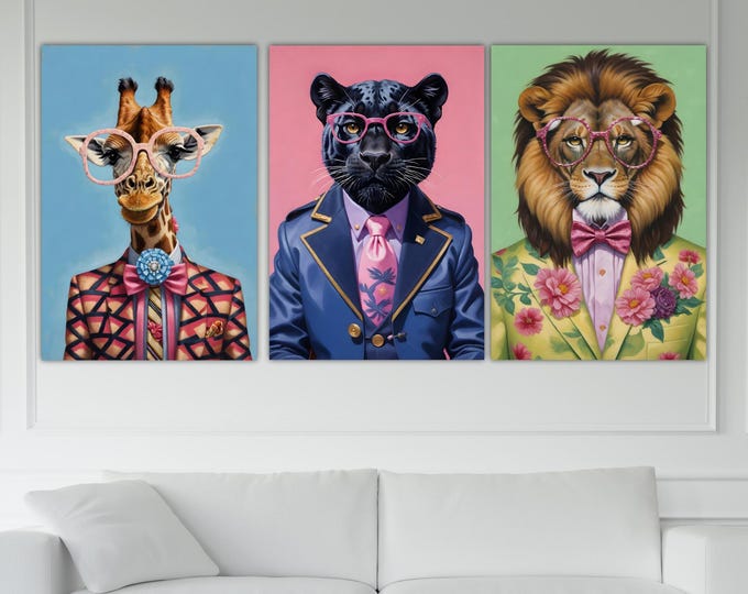 Animals Fashion Canvas Print Set of three: Giraffe, Panther, Lion