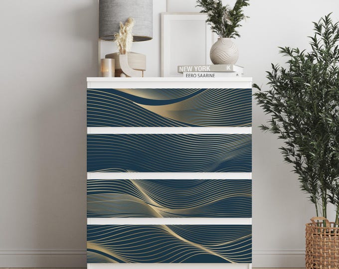 Personalized adhesives IKEA MALM dresser overlay, Golden Waves , Coverings for 2, 3, 4, 6 drawers