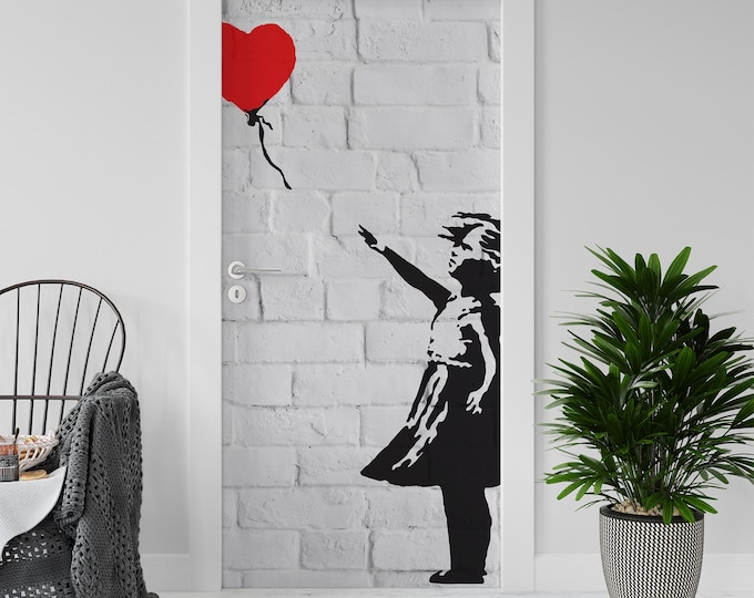 Sticker Decal for Door, Window, Fridge, Baloon Girl Bricks Banksy, Peel and Stick PVC