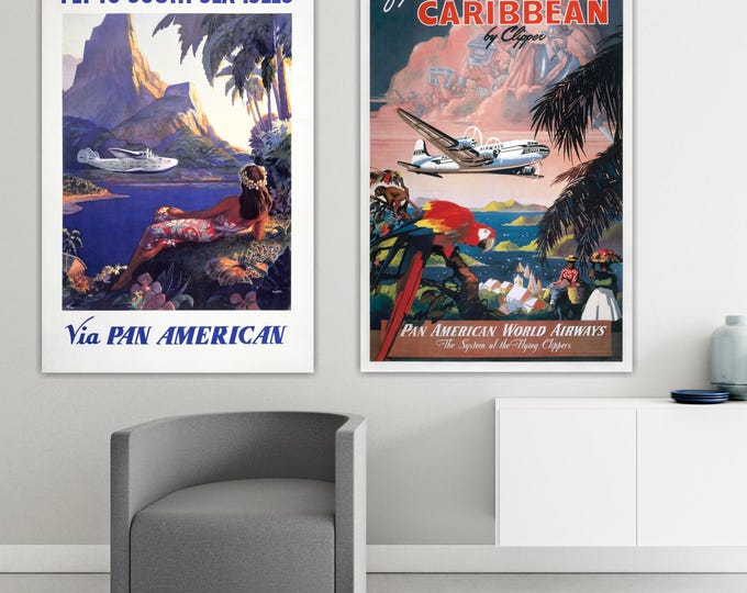 Panamerica Hawaii Set of two: vintage painting Ready to Hang or Rolled Canvas