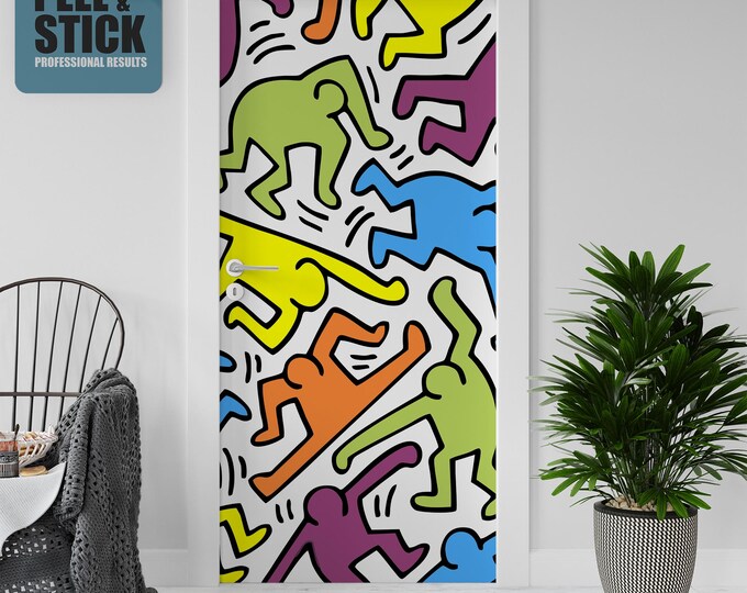 Sticker Decal for Door, Window, Fridge, Dancing Men Rainbow Reproduction , Peel and Stick PVC