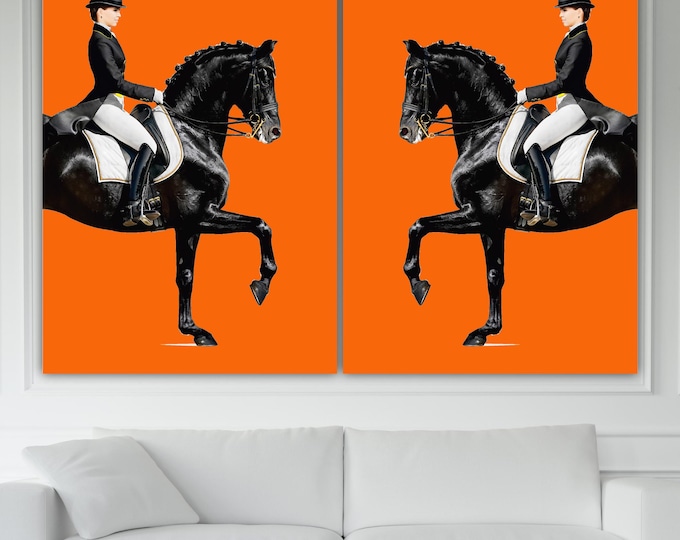 Dressage Horse Print Set: Orange Canvas, Equestrian Art - Ready to Hang or Rolled Canvas