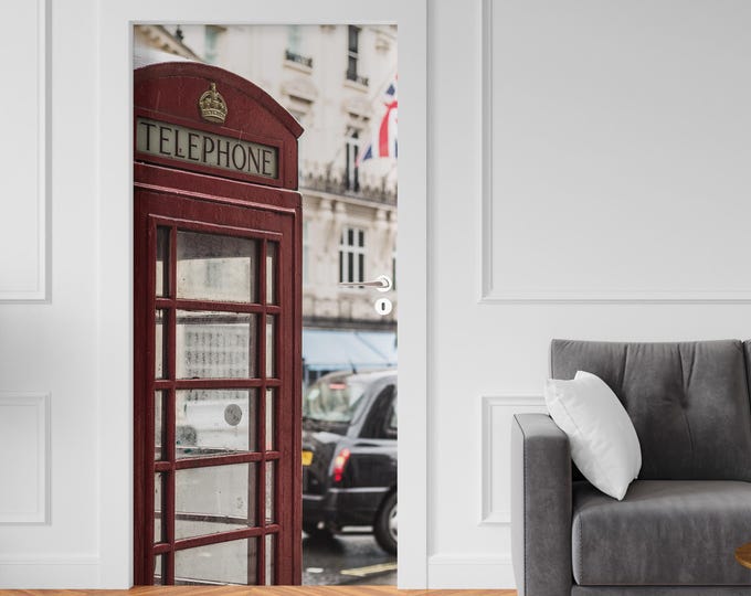 London Phone Booth Door Sticker, Peel and Stick PVC Wrap