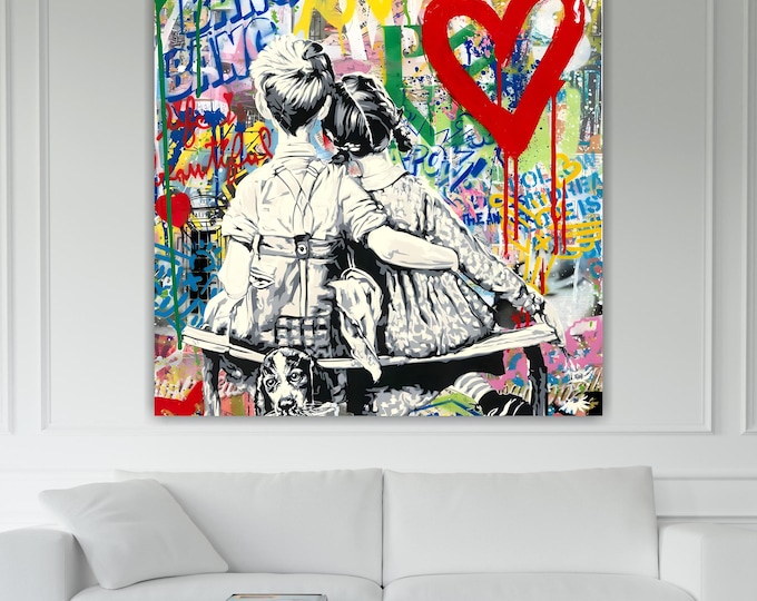 Graffiti Children Couple Banksy style, Art Reproduction Canvas Print: Pop Art