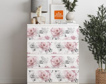 Personalized adhesives IKEA MALM dresser overlay, Pink Roses, Coverings for 2, 3, 4, 6 drawers