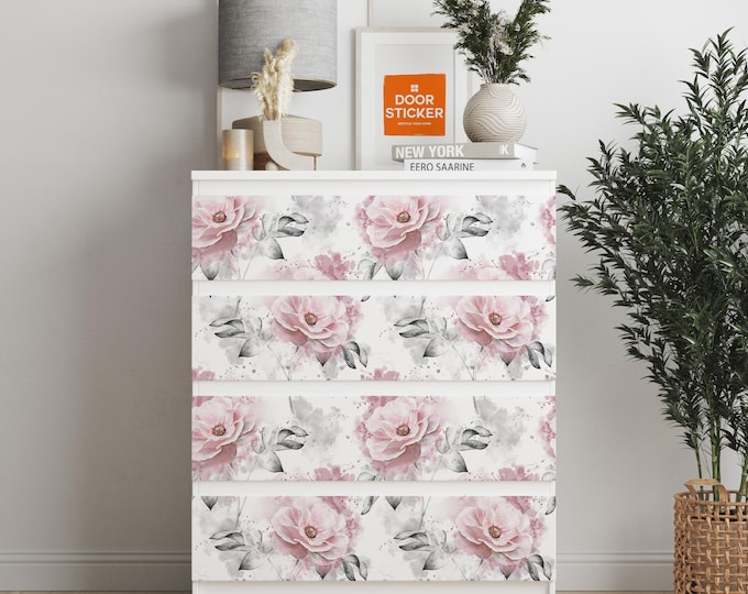 Personalized adhesives IKEA MALM dresser overlay, Pink Roses, Coverings for 2, 3, 4, 6 drawers