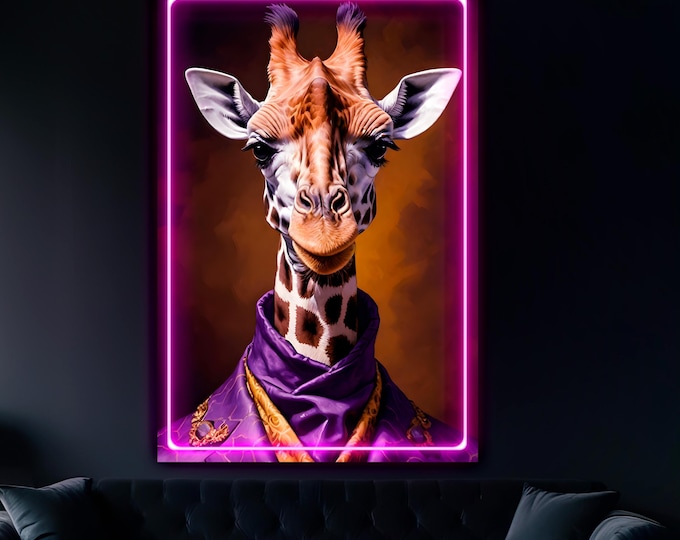 Giraffe Neon Art: Pop art LED sign, ready to hang, Canvas Print