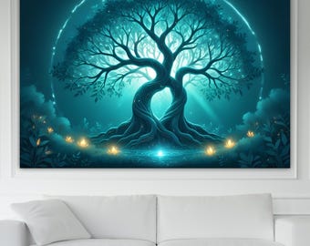 Zen Tree of Life Bubble Blue Canvas Print: Yoga Art Reproduction, Ready to Hang