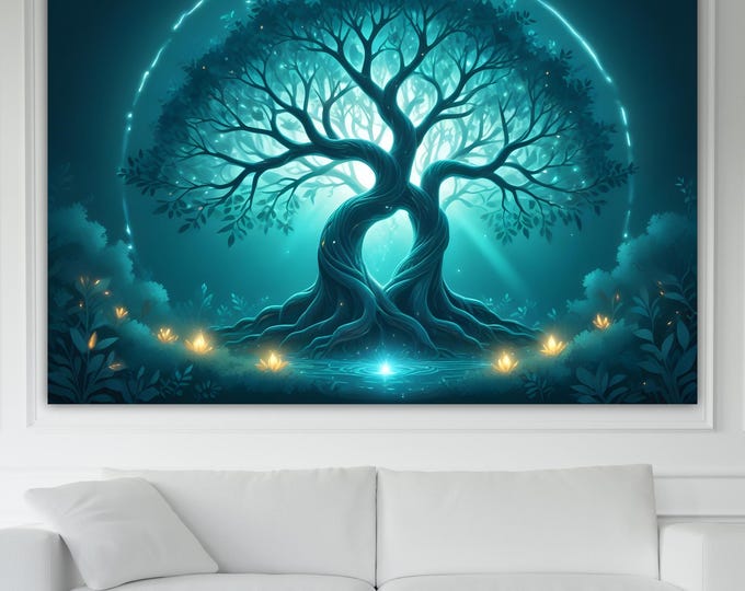 Zen Tree of Life Bubble Blue Canvas Print: Yoga Art Reproduction, Ready to Hang