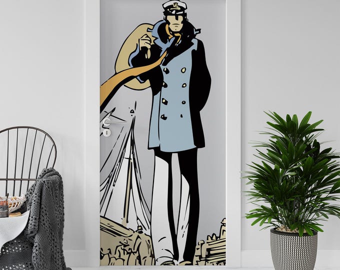 Sticker Decal for Door, Window, Fridge, Corto Maltese Harbour Reproduction, Peel and Stick PVC
