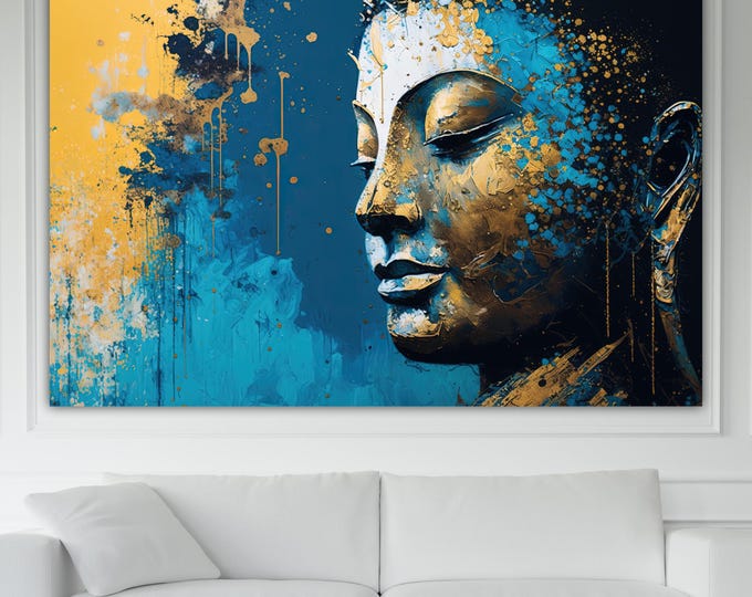 Zen Buddha Blue Canvas Print: Yoga Art Reproduction, Ready to Hang or Rolled Canvas