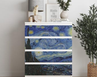 Personalized adhesives IKEA MALM dresser overlay, Van Gogh Starry, Coverings for 2, 3, 4, 6 drawers