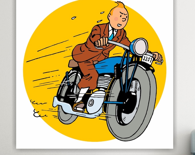 Tintin on Motorcycle Canvas Print: Italian Comic Art Reproduction