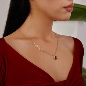 Custom Sideways Name Necklace, Teardrop Birthstone Pendant, Asymmetrical Jewelry, Mothers Day Gift