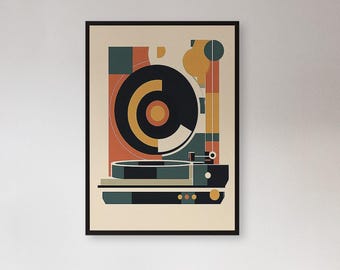 Framed Retro Turntable Wall Art Print, Abstract Geometric Music Poster, Midcentury Vinyl Record Artwork, Gift For DJ Studio Or Music Lovers