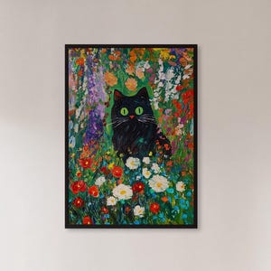 Framed Black Cat Wall Art Print, Vibrant Floral Garden Animal Poster, Whimsical Illustration, Gift For Cat Lovers Or Colorful Cozy Interiors