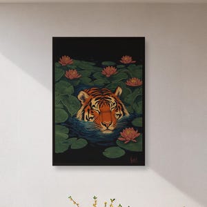 Framed Tiger In Lotus Pond Wall Art Print, Dark Jungle Animal Poster, Bold Nature Decor For Meditation Room, Zen Gift For Wildlife Lovers