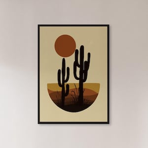 Framed Desert Cactus Wall Art Print, Minimal Sunset Landscape Poster, Boho Earth Tone Decor, Modern Illustration Gift, Nature Inspired Home