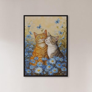Framed Romantic Cat Art Print, Cat Couple In Blue Daisies With Butterflies Wall Decor, Gift For Pet Lovers Or Whimsical Nature Homes
