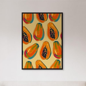 Gerahmter Papaya-Wandkunstdruck, tropisches Fruchtplakat mit hellen Farben, moderne Küchendekoration oder Geschenk für Feinschmecker und Sommerästhetik