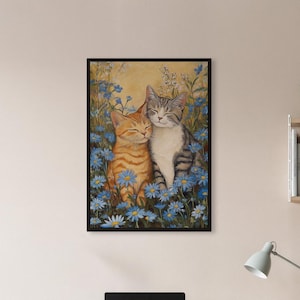 Framed Cat Couple Wall Art Print, Romantic Cats In Daisy Field Painting, Cute Animal Poster Gift For Pet Lovers Or Whimsical Cozy Spaces