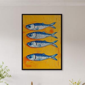 Framed Sardine Fish Wall Art Print, Yellow Background Kitchen Poster, Coastal Pop Art Decor Gift For Food Lover, Cafe Or Beach House Style