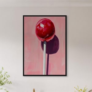 Framed Red Lollipop Wall Art Print, Glossy Candy Pop Art Poster On Pink, Modern Sweet Food Decor Gift For Kitchen, Cafe Or Teen Girl Room