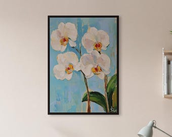 Inramad väggkonst med vit orkidé, impressionistisk blommålning, modern botanisk dekor, present till växtälskare eller eleganta inredningsstilar