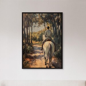 Framed Horse Rider Forest Wall Art Print, Rustic Equestrian Landscape Poster, Vintage Nature Decor Gift For Him Or Country Lodge Interior