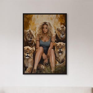 Framed Woman With Lions Wall Art Print, Fierce Divine Feminine Poster, Jungle Queen Decor Gift For Her Or Bold Animal Spirit Interior