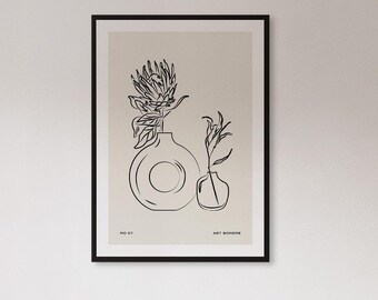 Minimal Line Art Vase Poster With Flowers, Scandinavian Style Floral Wall Decor, Black Ink Botanical Print For Calm Modern Living Interiors