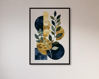 Oprawiony abstrakcyjny botaniczny wydruk ścienny, geometryczny plakat z liśćmi w kolorze granatowym i złotym, nowoczesny minimalistyczny wystrój natury do salonu lub przedpokoju