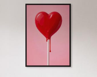 Gerahmter roter Herz Lollipop Wand-Kunstdruck, rosa Süßigkeits-Plakat für romantisches Dekor, Valentinstaggeschenk, süsser Minimal-Pop-Art für Schlafzimmer