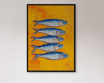 Framed Sardine Fish Wall Art Print, Yellow Coastal Kitchen Poster, Funky Seafood Pop Art Decor Gift For Foodie Or Mediterranean Style Home