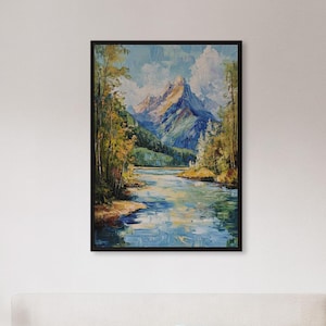 Framed Mountain River Wall Art Print, Serene Nature Landscape Poster With Trees And Peaks, Scenic Gift For Cabin, Office Or Calm Home Decor