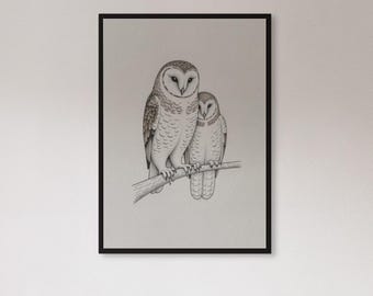 Framed Owl Couple Wall Art Print, Minimalist Black And White Bird Drawing Poster, Woodland Animal Decor Gift For Nature Lovers Or Bedroom