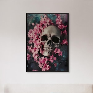Framed Skull And Flowers Wall Art Print, Gothic Floral Poster, Dark Romantic Decor Gift For Alternative Homes Or Lovers Of Beautiful Decay