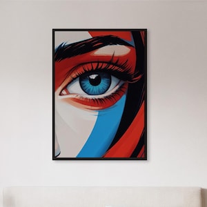 Framed Blue Eye Wall Art Print, Bold Modern Face Close-Up Poster, Red and Blue Abstract Portrait, Gift For Art Lovers Or Creative Spaces