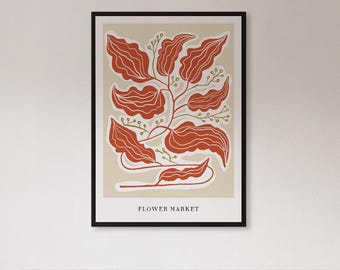 Framed Flower Market Botanical Wall Art Print, Modern Red Leaf Plant Poster, Minimal Earth Tone Nature Decor Gift For Calm Or Boho Homes