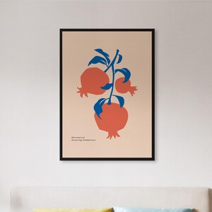 Framed Minimalist Pomegranate Art Print, Modern Red Fruit Poster With Blue Leaves, Abstract Kitchen Wall Decor Gift For Mediterranean Lovers