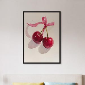 Framed Cherry Fruit Art Print, Red Watercolor Cherries With Pink Ribbon Poster, Romantic Kitchen Wall Decor Gift For Foodies Or Lovers