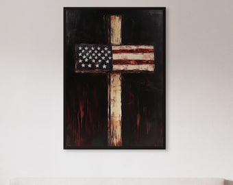 Framed American Flag Cross Wall Art Print, Rustic Patriotic Christian Poster, Faith And Freedom Decor Gift For Veterans, Home Or Prayer Room