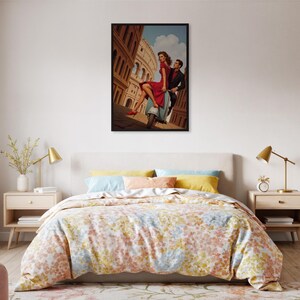 Impresión artística de pared enmarcada de pareja en Vespa romana, póster de viaje retro italiano, pintura romántica de scooter vintage, regalo para viajeros o decoración del hogar.