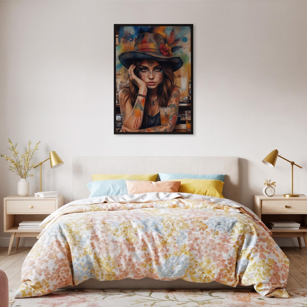 Framed Tattooed Woman Wall Art Print, Colorful Hat Portrait Poster ...
