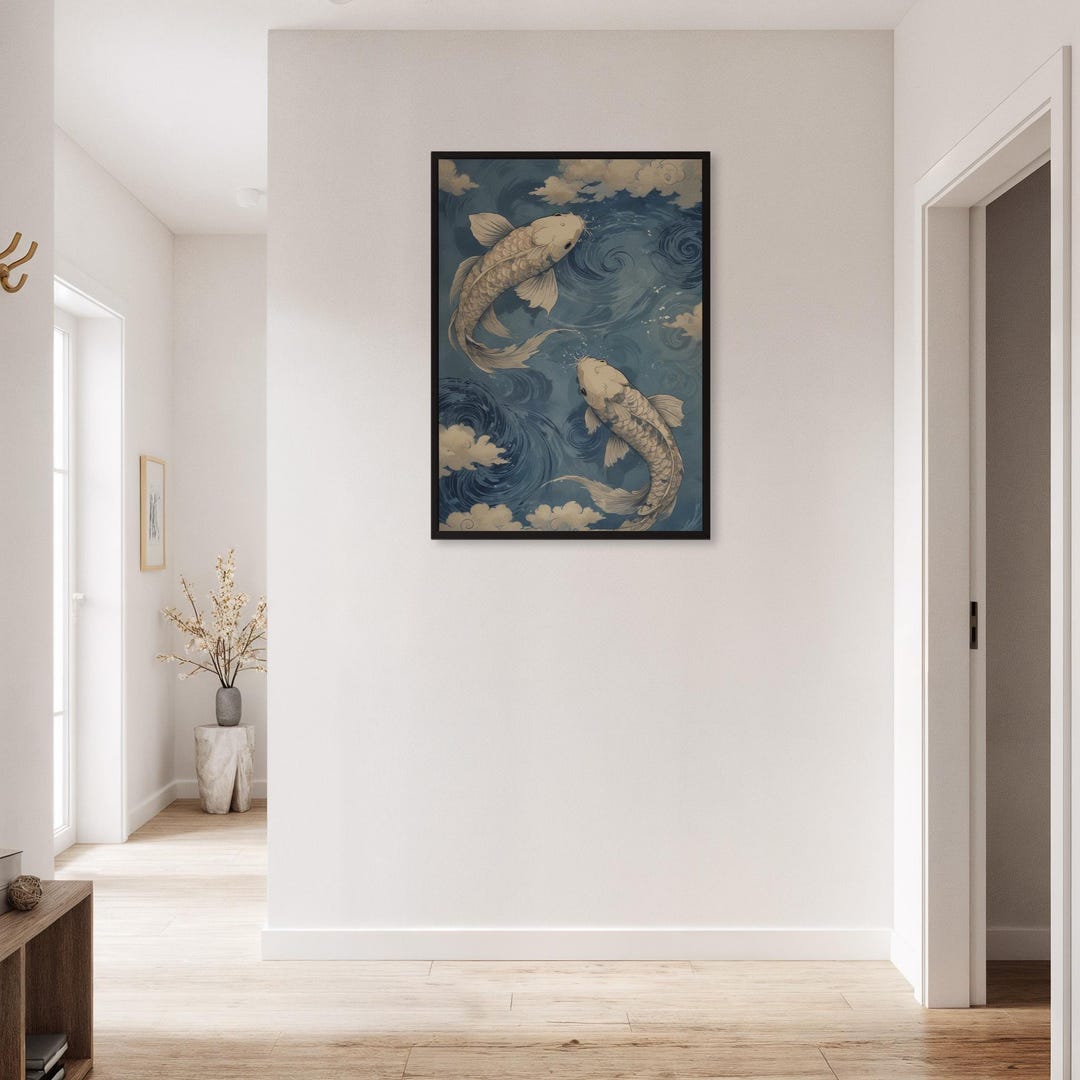 Framed Koi Fish Wall Art in Blue Waves, Japanese Inspired Zen Print for ...